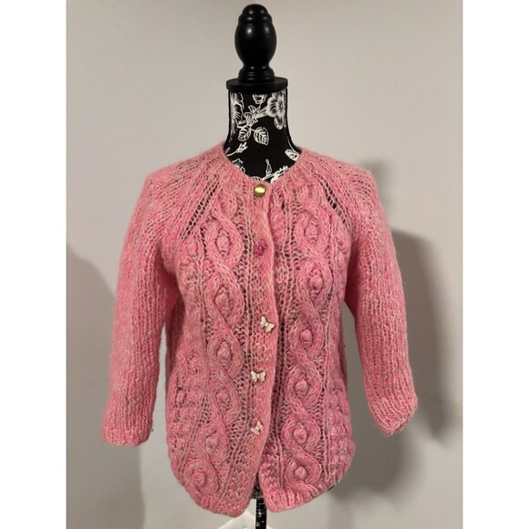 Unbranded Sweaters - 60s Vintage Pink Mohair Wool 3/4 Sleeves Hand Knit Italy Cardigan Sweater Small